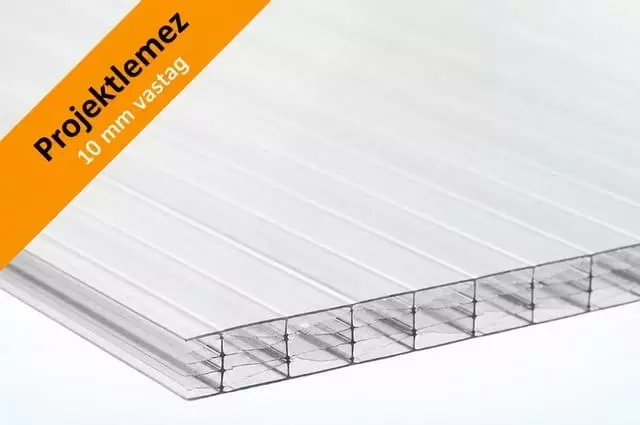 Akciós projektlemez nettó 3.000 Ft/m² áron Akciós 10 mm-es víztiszta üregkamrás polikarbonát projektlemez kétoldalt uv védett kivitelben