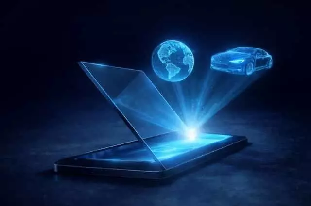 Holografikus megjelenítés plexi lemezzel – lebegő vizuális effekt Holografikus lebegés plexi lemezzel, kék fénnyel vetített lebegő digitális objektumok