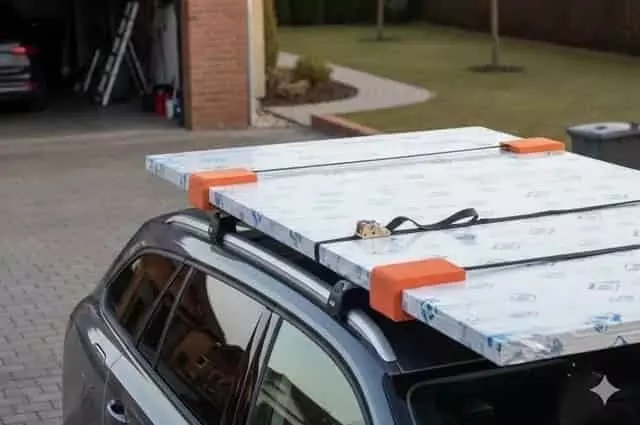 lexi lemezek biztonságos szállítása tetőcsomagtartón, rögzítőkkel